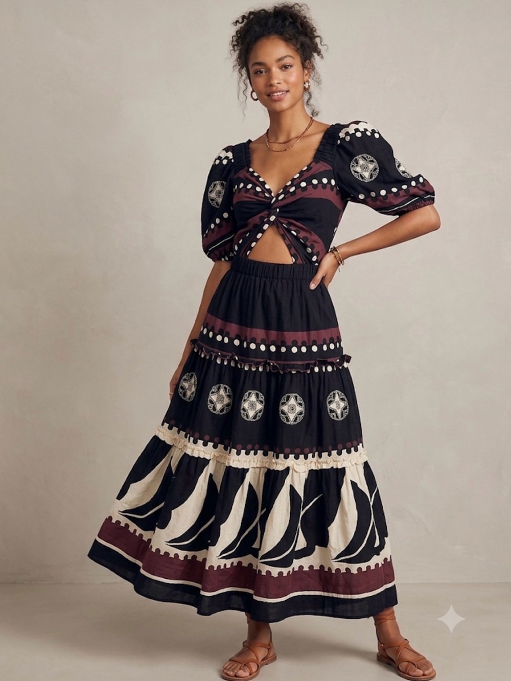 Sea Black and Burgundy Printed Cutout Maxi Dress